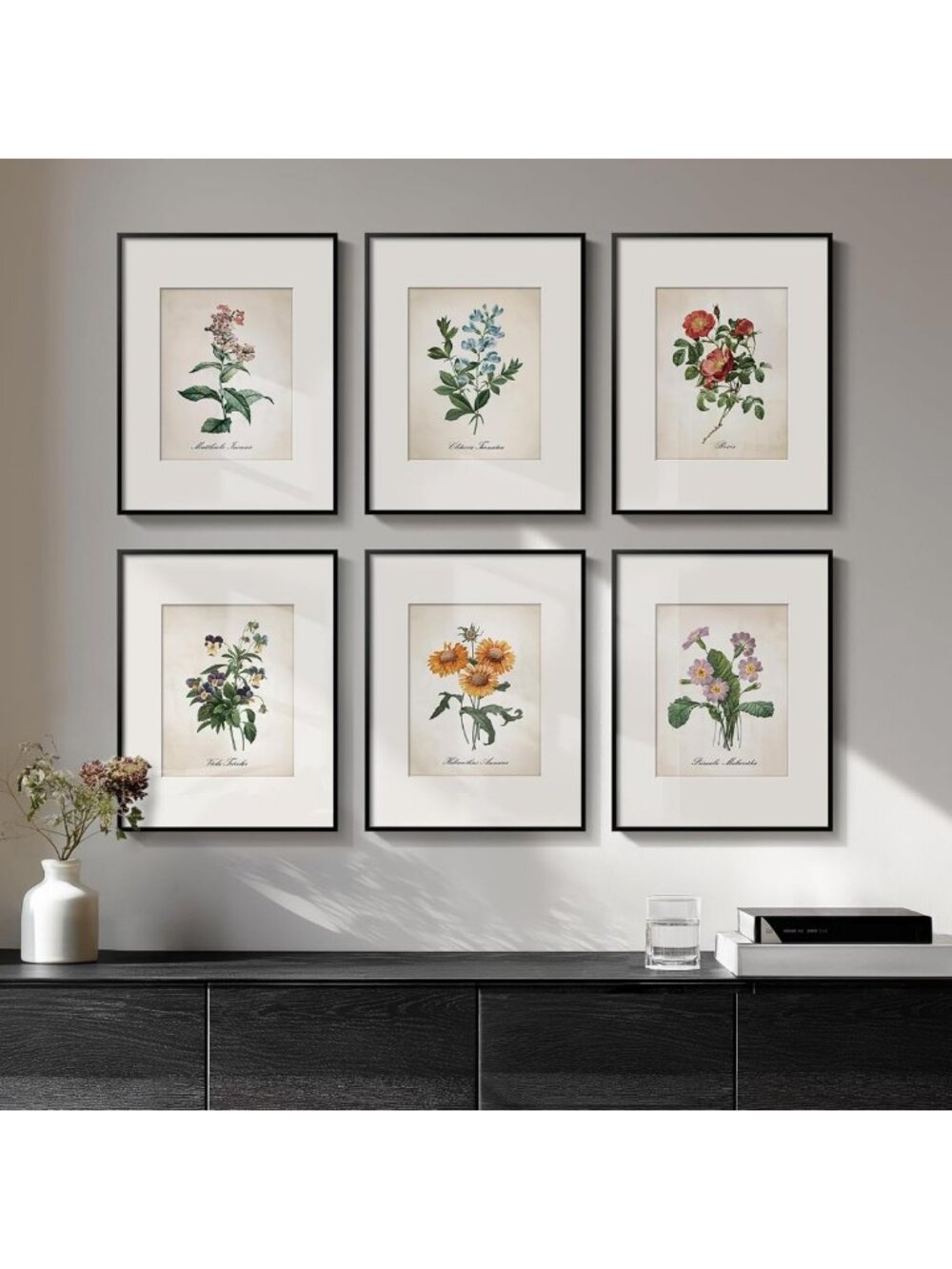 Framed Vintage Botanical Floral Wall Art - Rustic Flower Prints, 11x14
